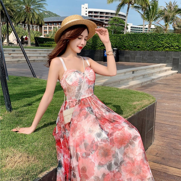 Retro Temperament Sweet Summer Women High Waist Floral Mesh Vest Dress