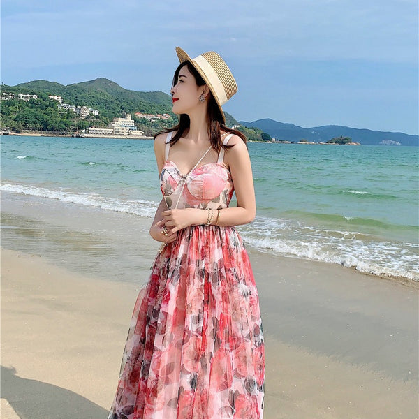 Retro Temperament Sweet Summer Women High Waist Floral Mesh Vest Dress