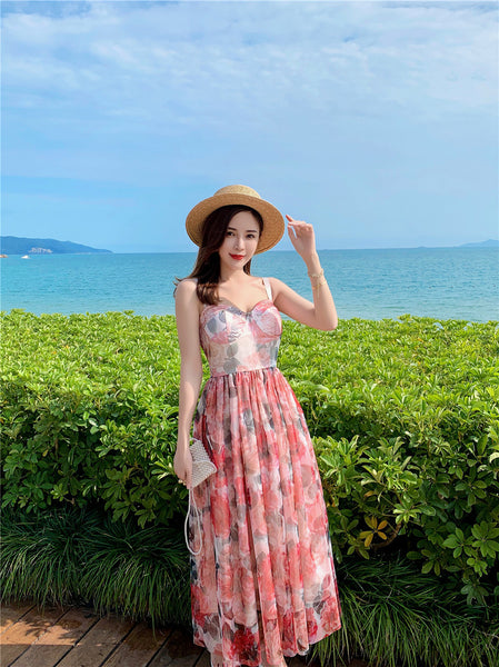Retro Temperament Sweet Summer Women High Waist Floral Mesh Vest Dress