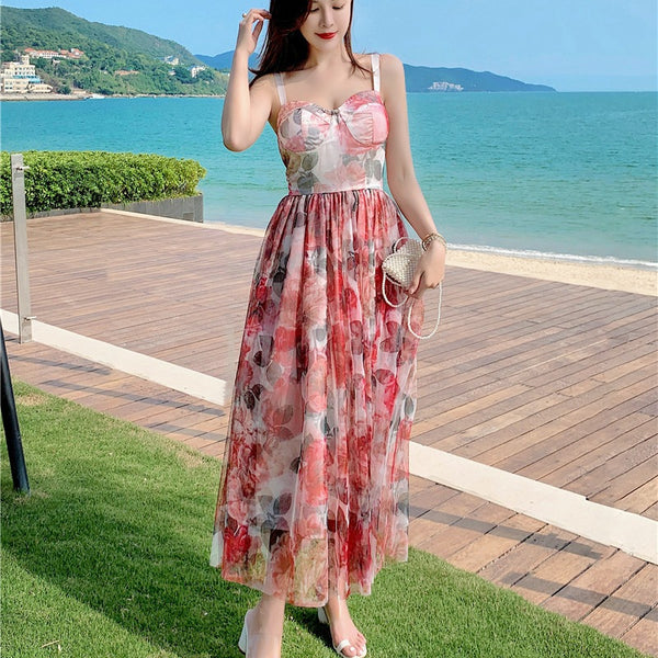 Retro Temperament Sweet Summer Women High Waist Floral Mesh Vest Dress
