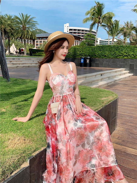Retro Temperament Sweet Summer Women High Waist Floral Mesh Vest Dress