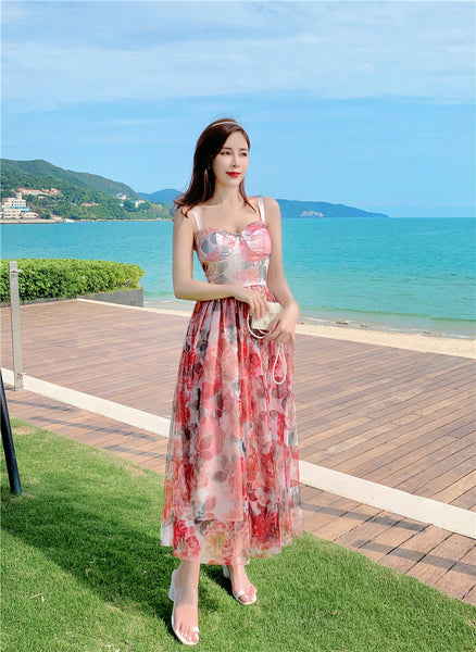 Retro Temperament Sweet Summer Women High Waist Floral Mesh Vest Dress