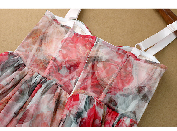 Seaside Holiday Sweet Summer Women High Waist Red Floral Mesh Vest Dress