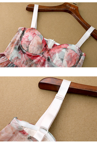 Seaside Holiday Sweet Summer Women High Waist Red Floral Mesh Vest Dress