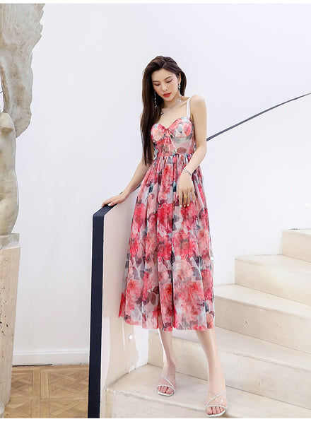 Seaside Holiday Sweet Summer Women High Waist Red Floral Mesh Vest Dress