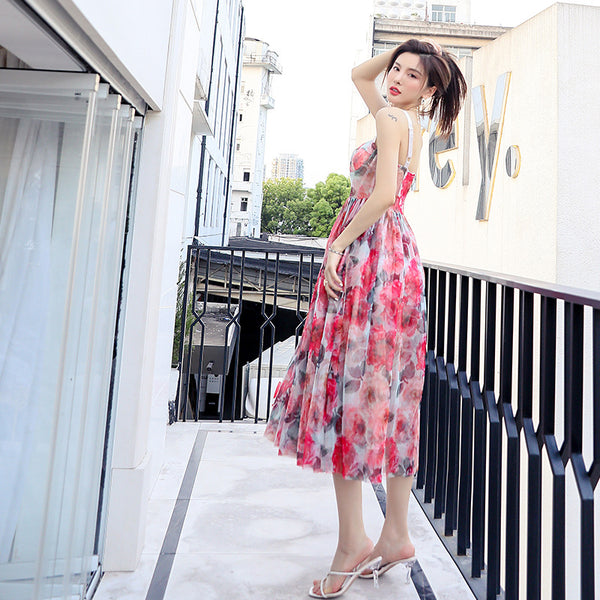 Seaside Holiday Sweet Summer Women High Waist Red Floral Mesh Vest Dress