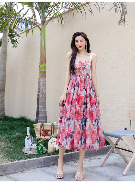 Seaside Holiday Sweet Summer Women High Waist Red Floral Mesh Vest Dress