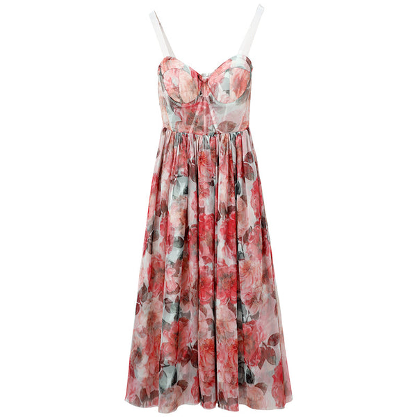 Seaside Holiday Sweet Summer Women High Waist Red Floral Mesh Vest Dress