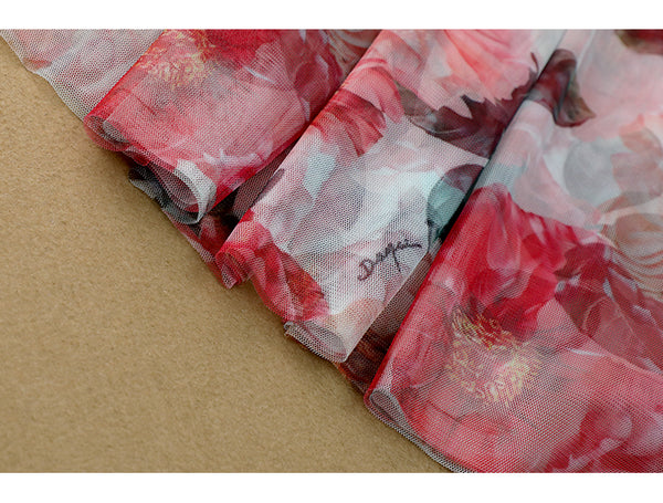 Seaside Holiday Sweet Summer Women High Waist Red Floral Mesh Vest Dress