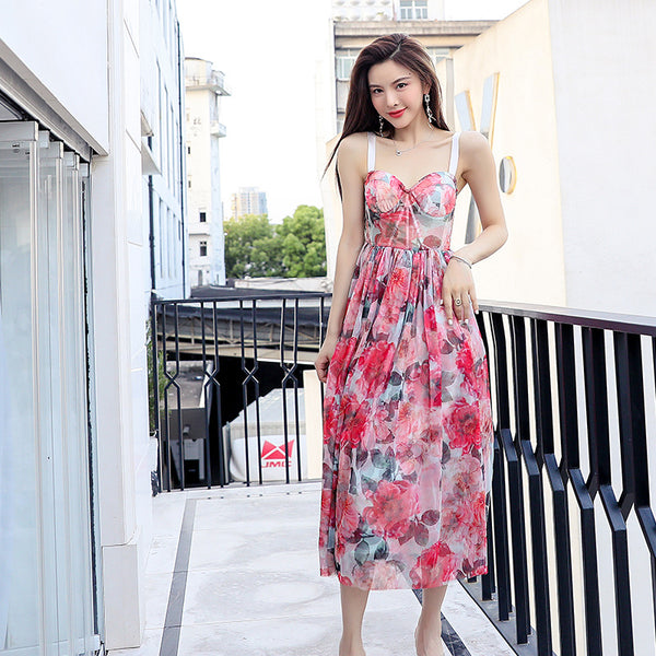 Seaside Holiday Sweet Summer Women High Waist Red Floral Mesh Vest Dress