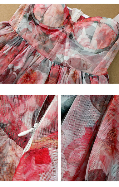 Seaside Holiday Sweet Summer Women High Waist Red Floral Mesh Vest Dress