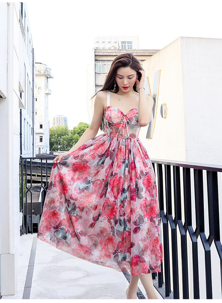Seaside Holiday Sweet Summer Women High Waist Red Floral Mesh Vest Dress