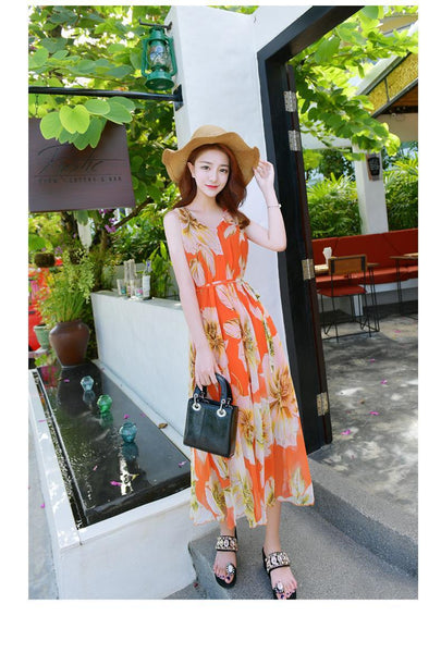 Holiday Beach Dress Women Large Size Boho Long Sleeveless Floral A Line Dress