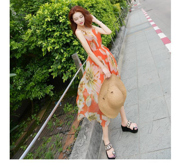 Holiday Beach Dress Women Large Size Boho Long Sleeveless Floral A Line Dress