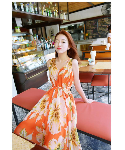 Holiday Beach Dress Women Large Size Boho Long Sleeveless Floral A Line Dress