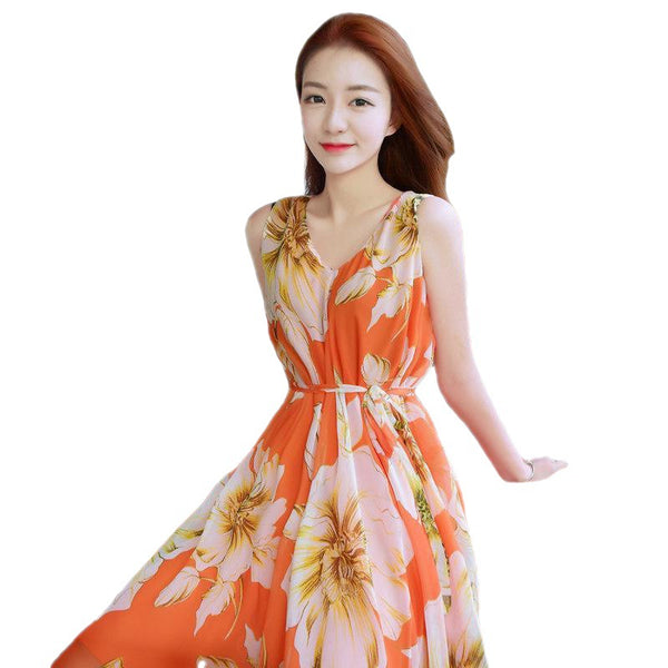 Holiday Beach Dress Women Large Size Boho Long Sleeveless Floral A Line Dress