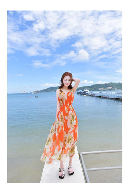 Holiday Beach Dress Women Large Size Boho Long Sleeveless Floral A Line Dress