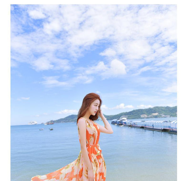 Holiday Beach Dress Women Large Size Boho Long Sleeveless Floral A Line Dress