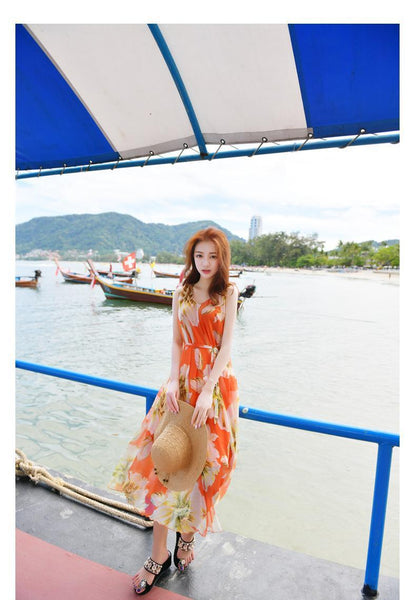 Holiday Beach Dress Women Large Size Boho Long Sleeveless Floral A Line Dress