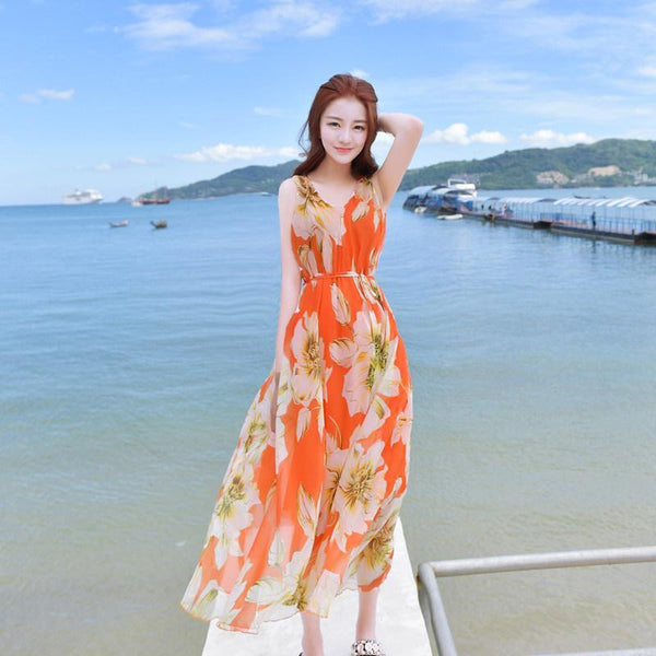 Holiday Beach Dress Women Large Size Boho Long Sleeveless Floral A Line Dress