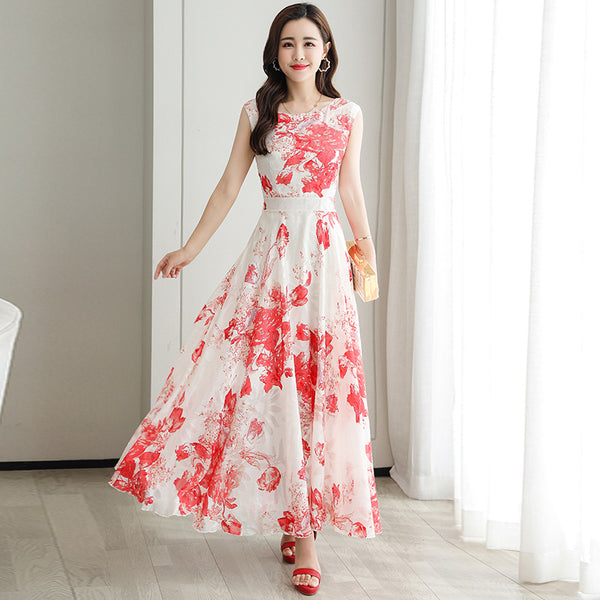 Temperament Elegant Big Swing Floral Waist Sleeveless Large Size Fairy Long Dress