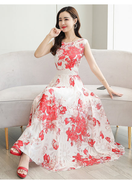 Temperament Elegant Big Swing Floral Waist Sleeveless Large Size Fairy Long Dress