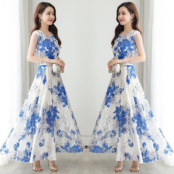 Temperament Elegant Big Swing Floral Waist Sleeveless Large Size Fairy Long Dress