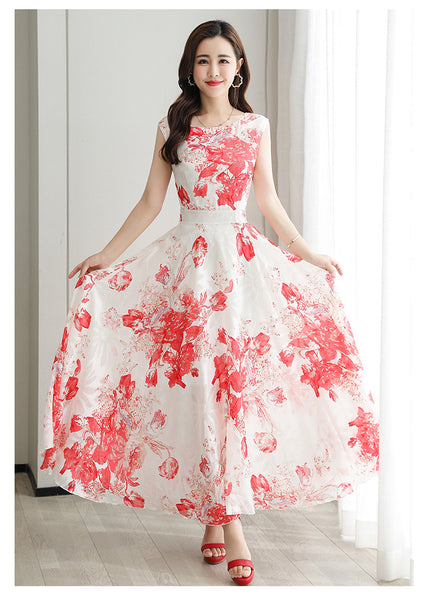 Temperament Elegant Big Swing Floral Waist Sleeveless Large Size Fairy Long Dress