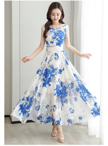 Temperament Elegant Big Swing Floral Waist Sleeveless Large Size Fairy Long Dress