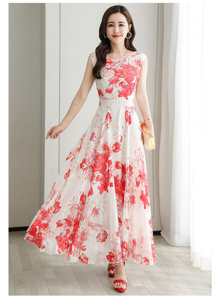 Temperament Elegant Big Swing Floral Waist Sleeveless Large Size Fairy Long Dress