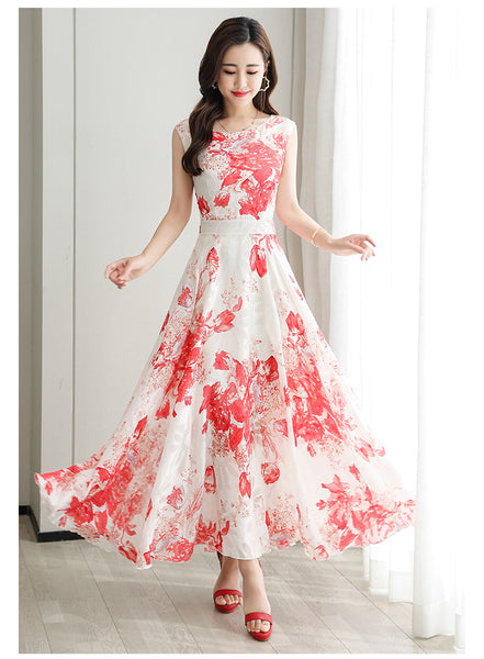 Temperament Elegant Big Swing Floral Waist Sleeveless Large Size Fairy Long Dress