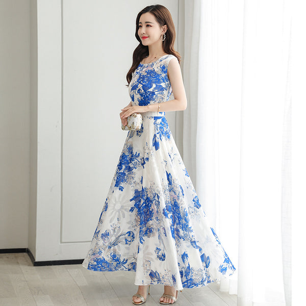 Temperament Elegant Big Swing Floral Waist Sleeveless Large Size Fairy Long Dress