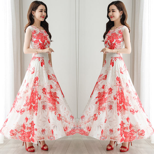 Temperament Elegant Big Swing Floral Waist Sleeveless Large Size Fairy Long Dress