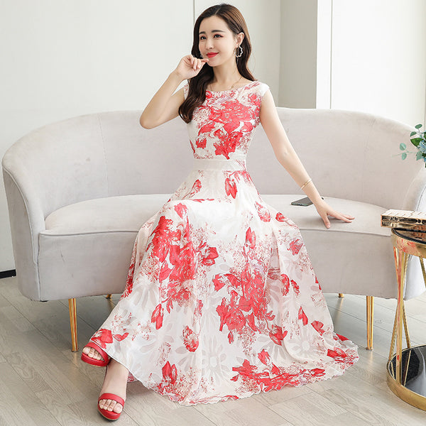 Temperament Elegant Big Swing Floral Waist Sleeveless Large Size Fairy Long Dress