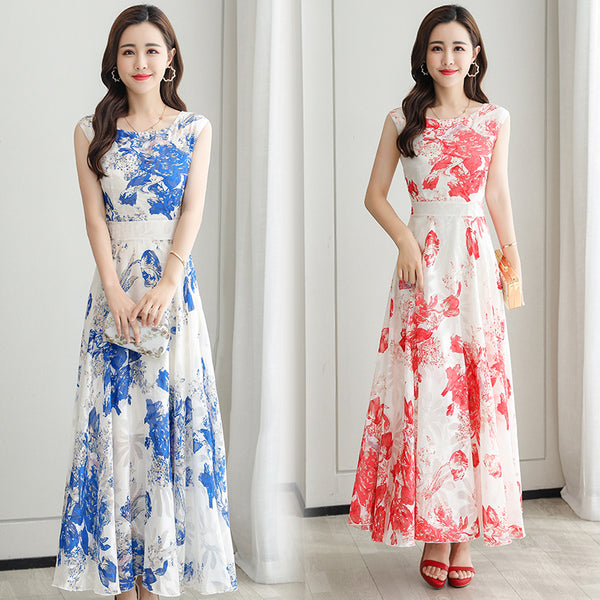 Temperament Elegant Big Swing Floral Waist Sleeveless Large Size Fairy Long Dress