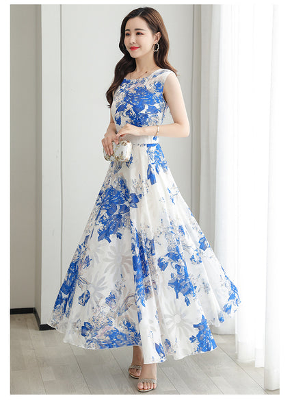 Temperament Elegant Big Swing Floral Waist Sleeveless Large Size Fairy Long Dress