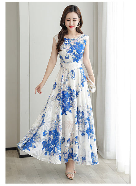 Temperament Elegant Big Swing Floral Waist Sleeveless Large Size Fairy Long Dress