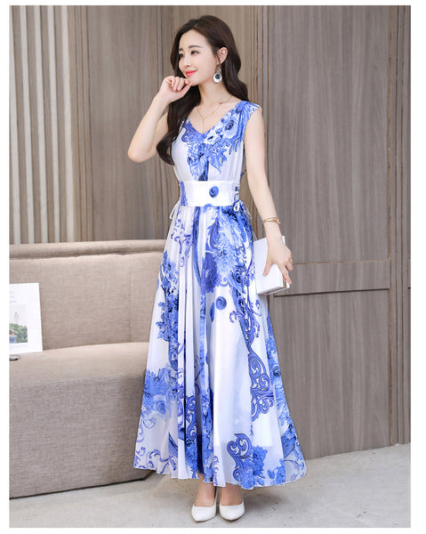 Temperament Elegant Big Swing Floral Waist V Neck Sleeveless Large Size Fairy Long Dress