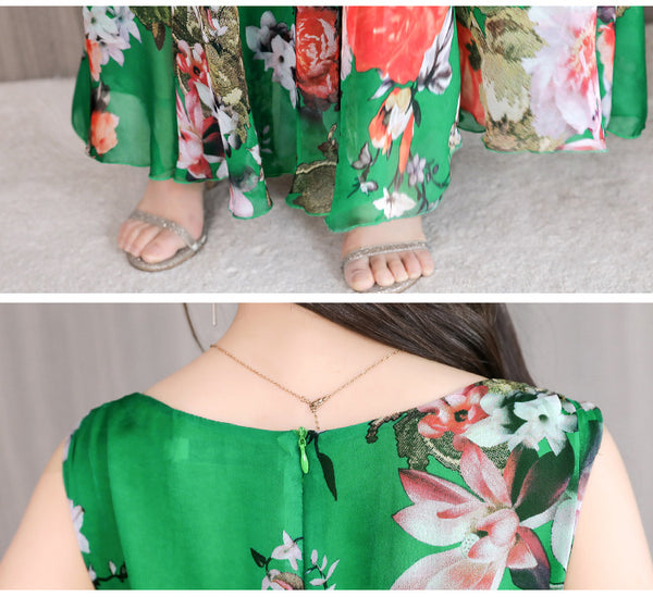 Temperament Elegant Big Swing Floral Waist V Neck Sleeveless Large Size Fairy Long Dress