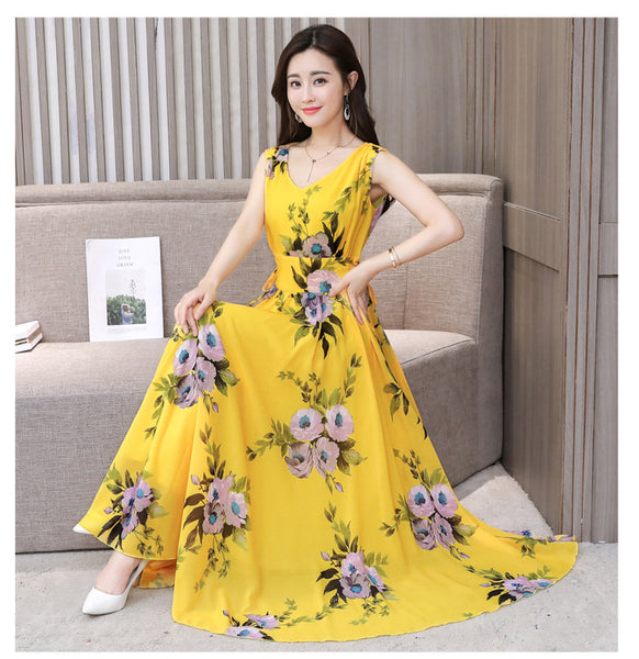 Temperament Elegant Big Swing Floral Waist V Neck Sleeveless Large Size Fairy Long Dress
