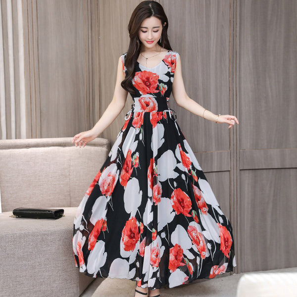 Temperament Elegant Big Swing Floral Waist V Neck Sleeveless Large Size Fairy Long Dress