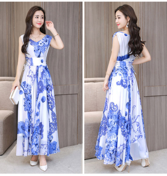 Temperament Elegant Big Swing Floral Waist V Neck Sleeveless Large Size Fairy Long Dress