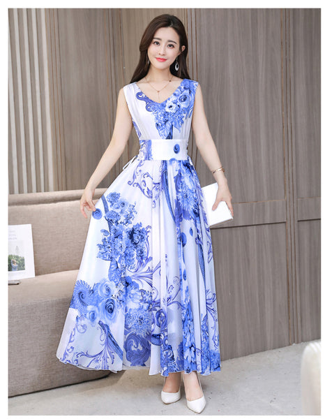 Temperament Elegant Big Swing Floral Waist V Neck Sleeveless Large Size Fairy Long Dress