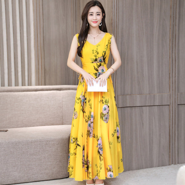 Temperament Elegant Big Swing Floral Waist V Neck Sleeveless Large Size Fairy Long Dress