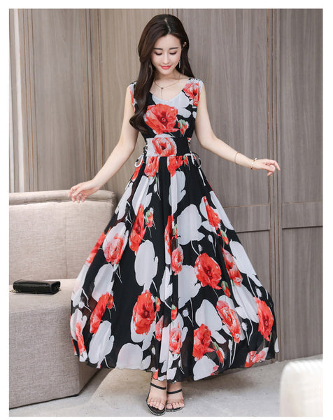 Temperament Elegant Big Swing Floral Waist V Neck Sleeveless Large Size Fairy Long Dress