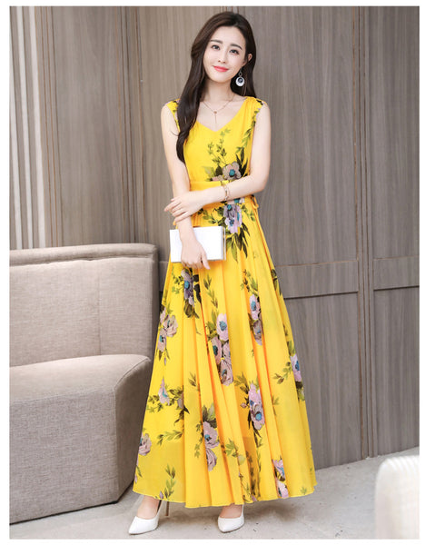 Temperament Elegant Big Swing Floral Waist V Neck Sleeveless Large Size Fairy Long Dress