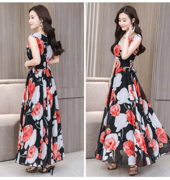 Temperament Elegant Big Swing Floral Waist V Neck Sleeveless Large Size Fairy Long Dress