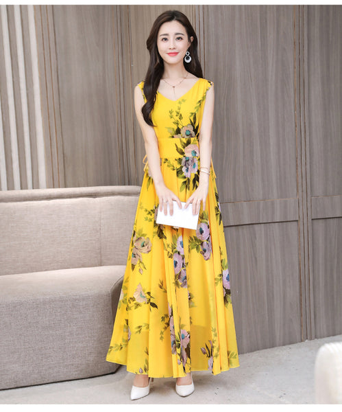 Temperament Elegant Big Swing Floral Waist V Neck Sleeveless Large Size Fairy Long Dress