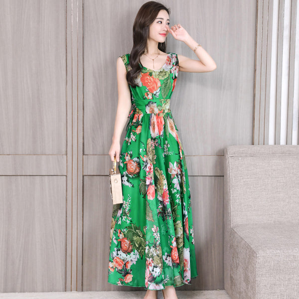 Temperament Elegant Big Swing Floral Waist V Neck Sleeveless Large Size Fairy Long Dress