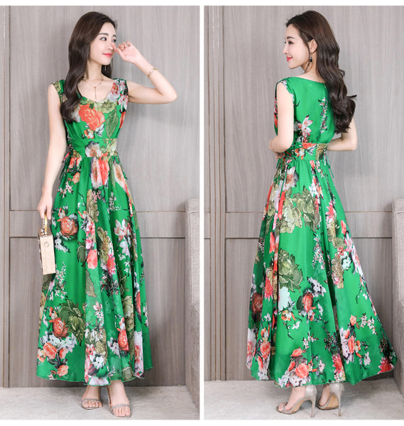 Temperament Elegant Big Swing Floral Waist V Neck Sleeveless Large Size Fairy Long Dress